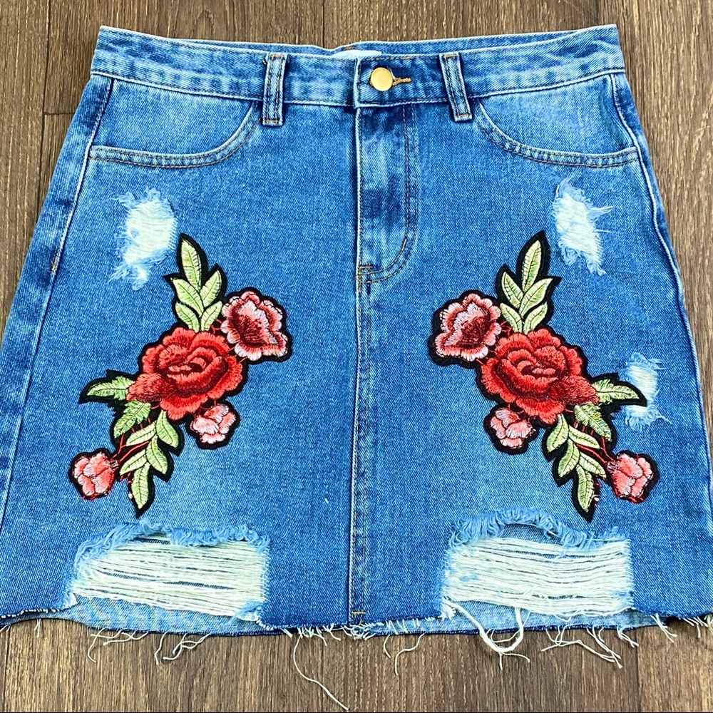 Floral Embroidered + Distressed Denim Skirt